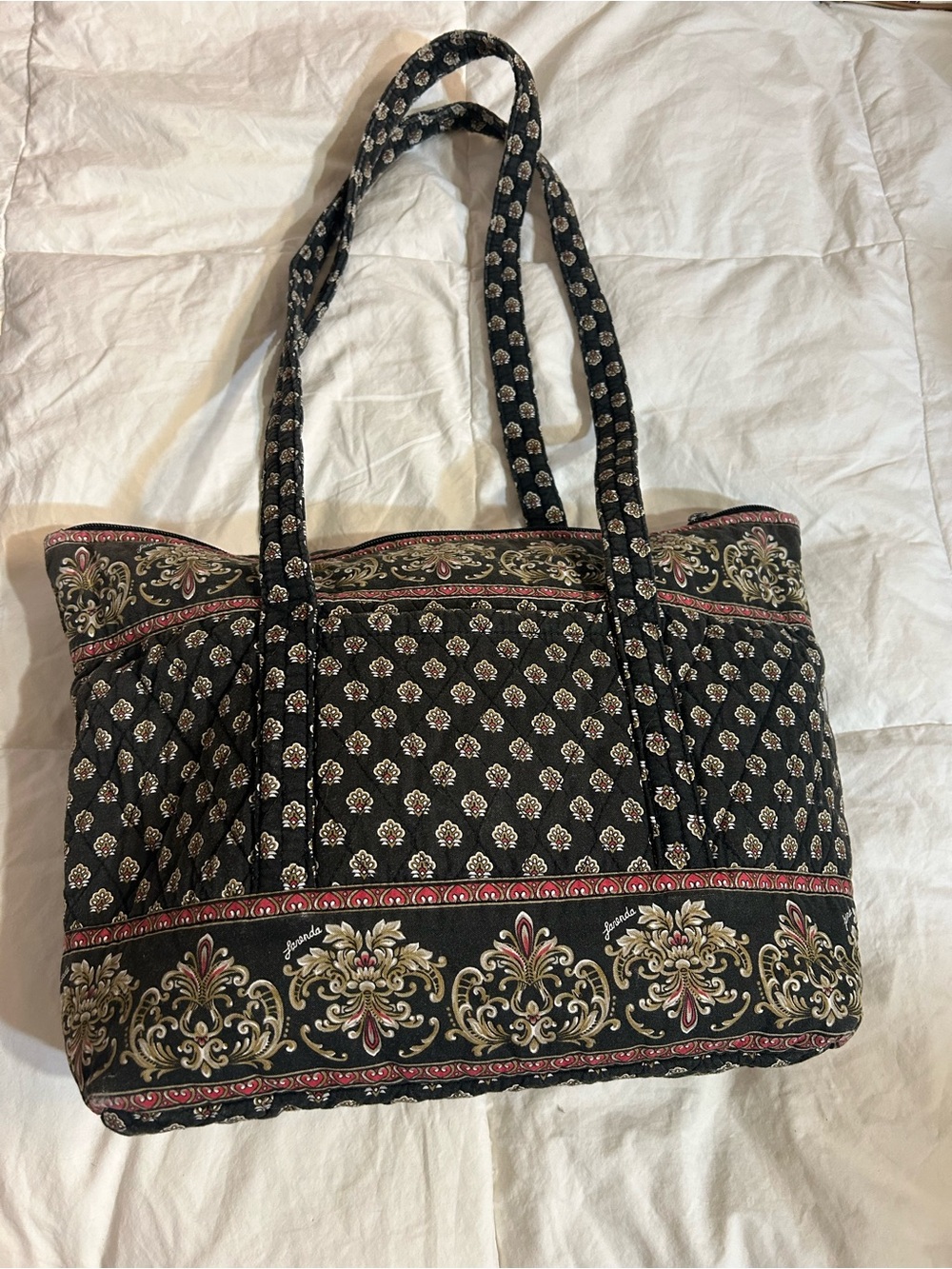 Lafrenda Quilted Black Patterned Tote Bag with Floral Border